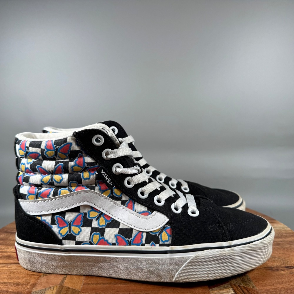 Vans Sk8-Hi Womens 6 Black White Butterfly Checkerboard High Top Sneakers